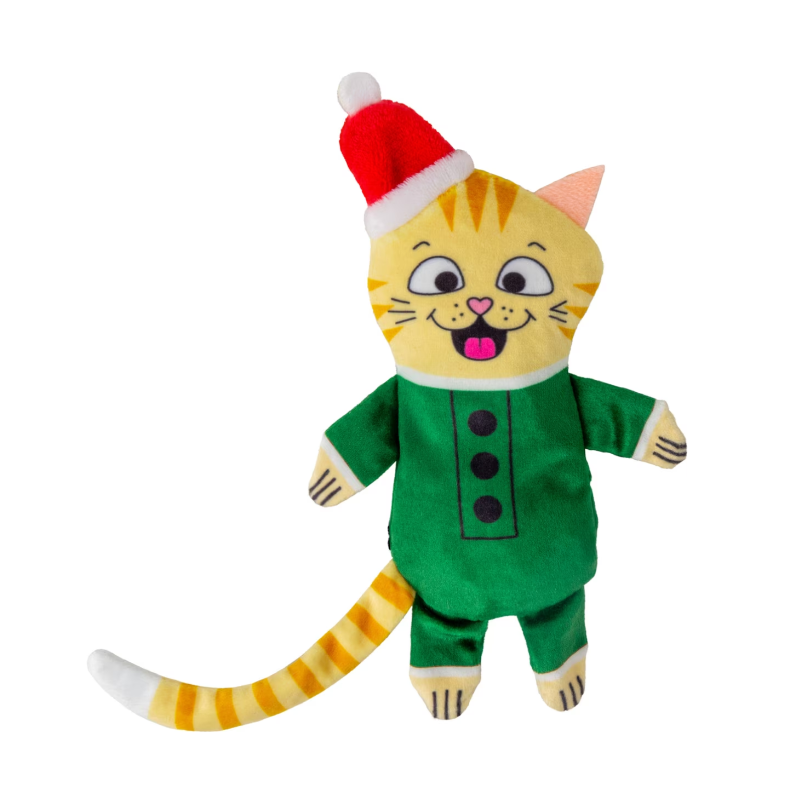 A plush cat toy dressed in a green elf outfit and a red Santa hat, shown on a plain white background.