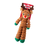 Brown reindeer-shaped dog toy with green feet on a white background