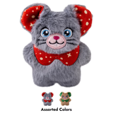 A gray plush mouse toy with blue eyes, a pink stitched nose and mouth, and red ears and bow tie with white polka dots and star accents, shown on a white background. Two smaller alternate color versions appear below with the text 'Assorted Colors'.
