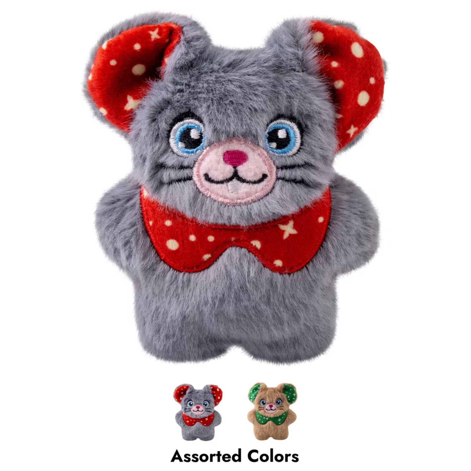 A gray plush mouse toy with blue eyes, a pink stitched nose and mouth, and red ears and bow tie with white polka dots and star accents, shown on a white background. Two smaller alternate color versions appear below with the text 'Assorted Colors'.