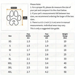Size chart for pet products with paw measurement guide