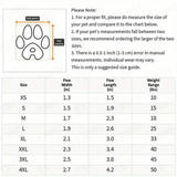 Size chart for pet products with paw measurement guide