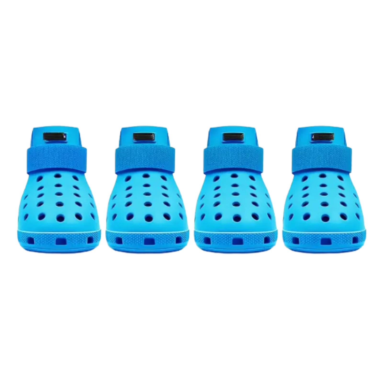 Four blue pet shoes with straps on a white background