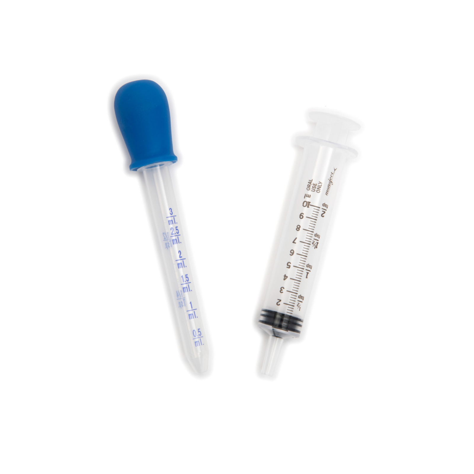 Two syringes with blue and clear designs on a white background