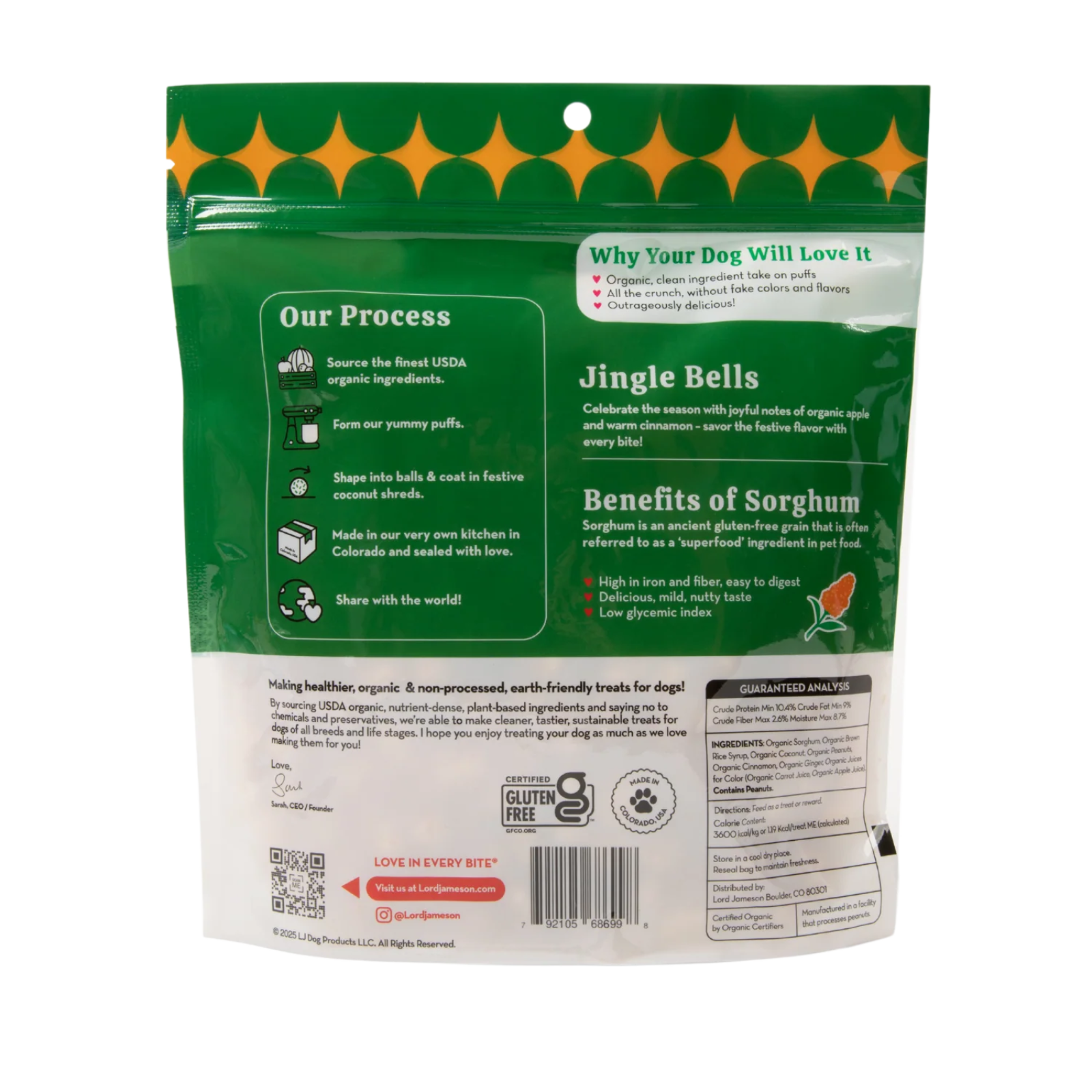 Back view of a green pet food package with text and graphics on a white background