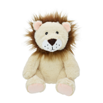 A plush lion toy with a cream-colored body, brown mane, pink inner ears and feet, and a white snout with black whisker details, shown against a plain white background.