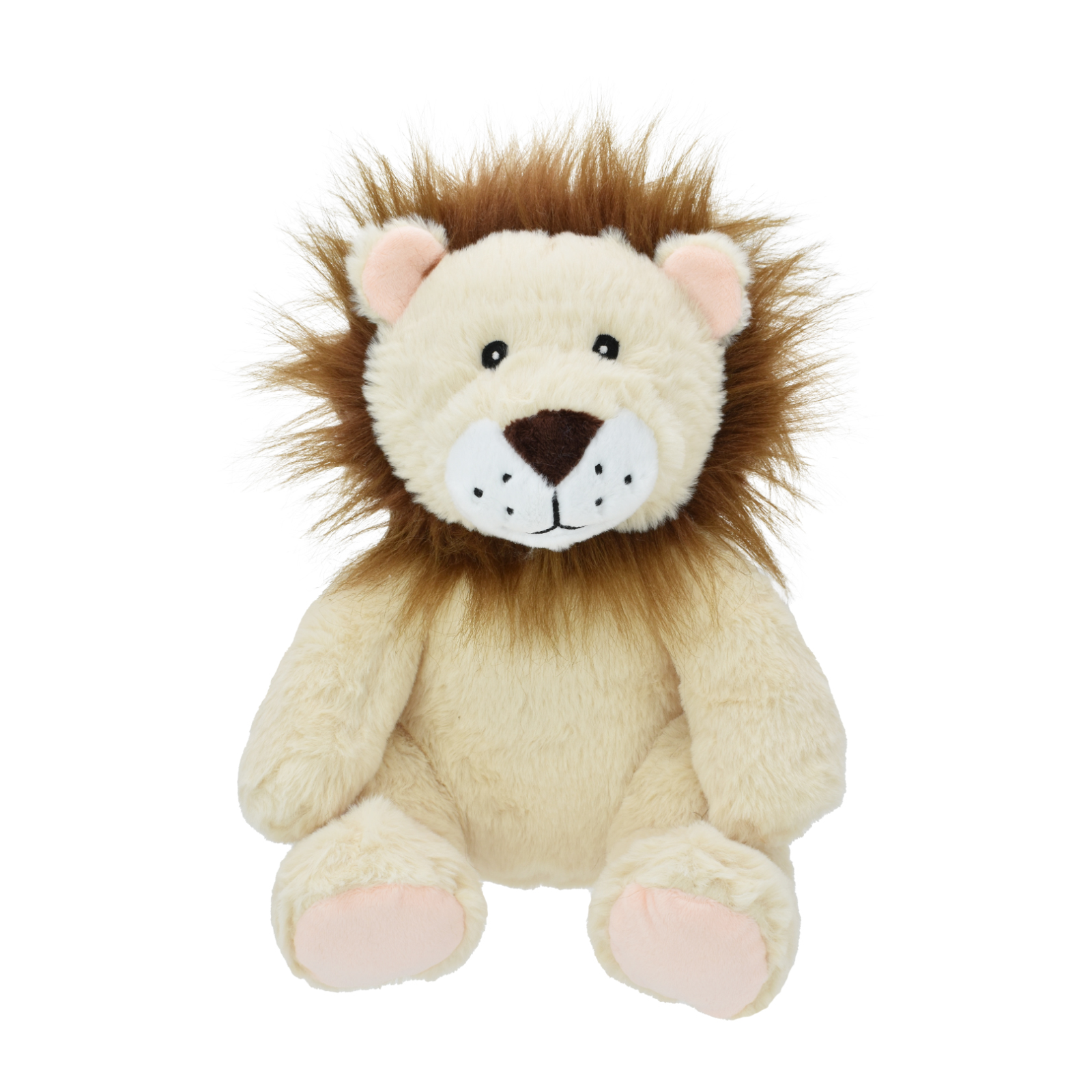 A plush lion toy with a cream-colored body, brown mane, pink inner ears and feet, and a white snout with black whisker details, shown against a plain white background.