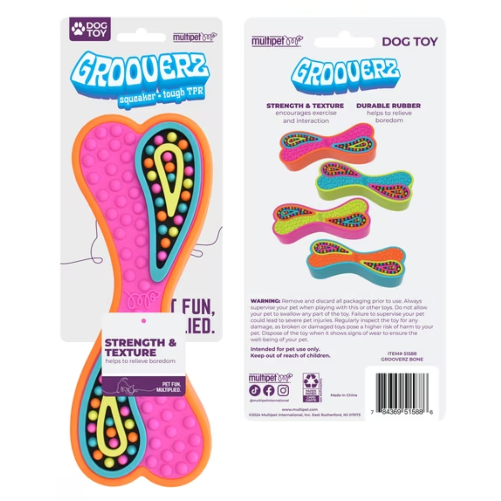 Dog toy package showing the Grooverz squaker toy in front and back packaging on a white background. The toy is bright pink with multicolored circular textured details and an orange outer edge.