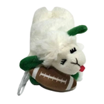 A white plush lamb toy holding a brown football, with green ear accents and a small red tongue, shown on a plain white background.