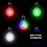 Five LED lights in red, green, blue, and multicolor on a black background with 'Disc-O Tech' branding.