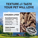 Northwest Naturals chicken liver pet food with guaranteed analysis and calorie content on a scenic background