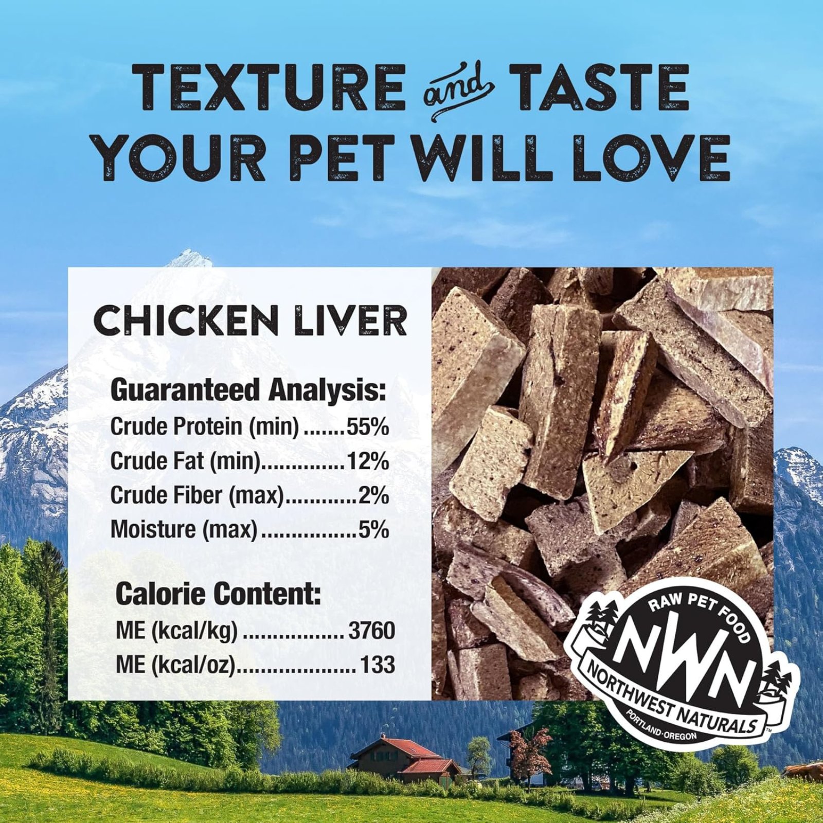 Northwest Naturals chicken liver pet food with guaranteed analysis and calorie content on a scenic background