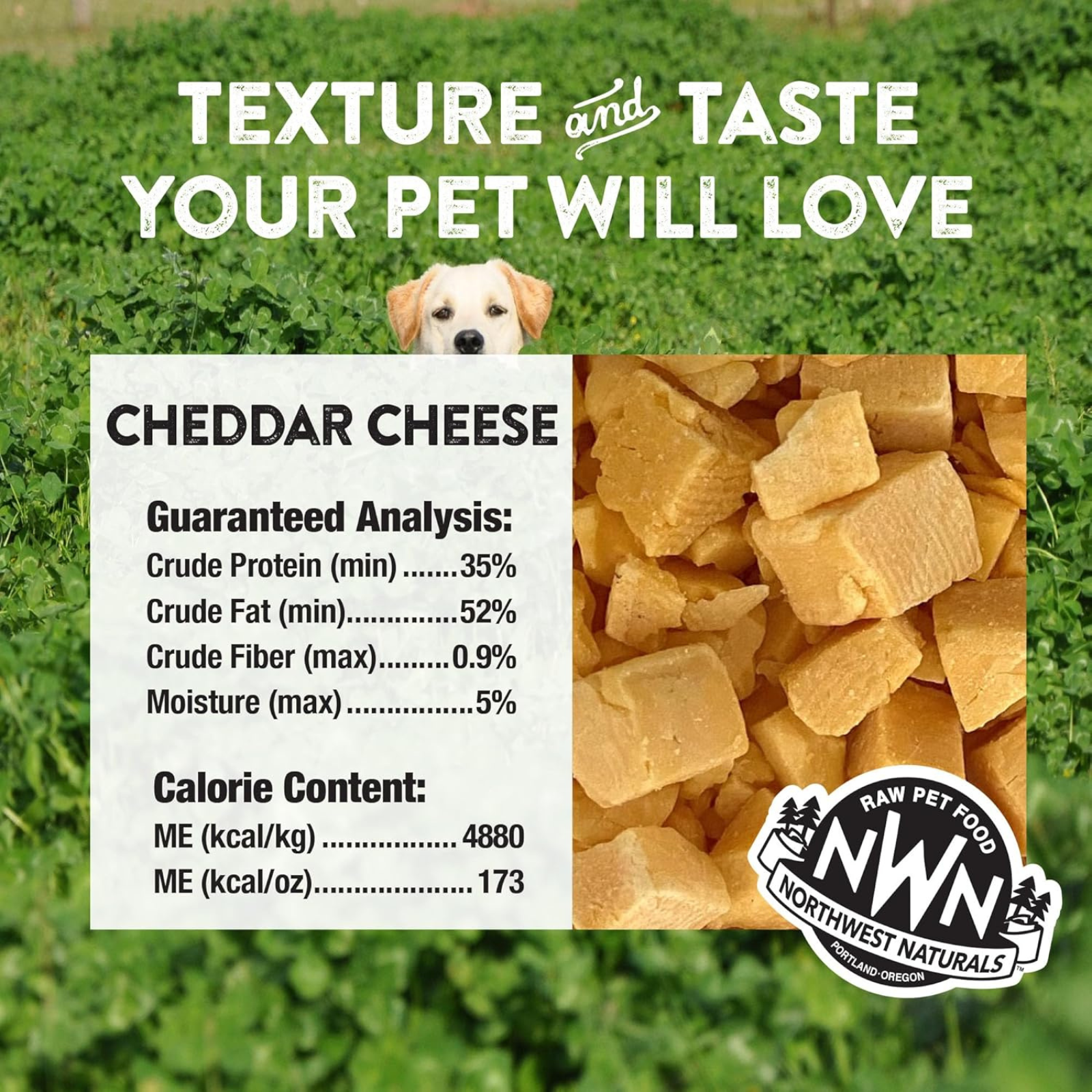 Dog behind a label of cheddar cheese with Northwest Naturals branding on a grassy background