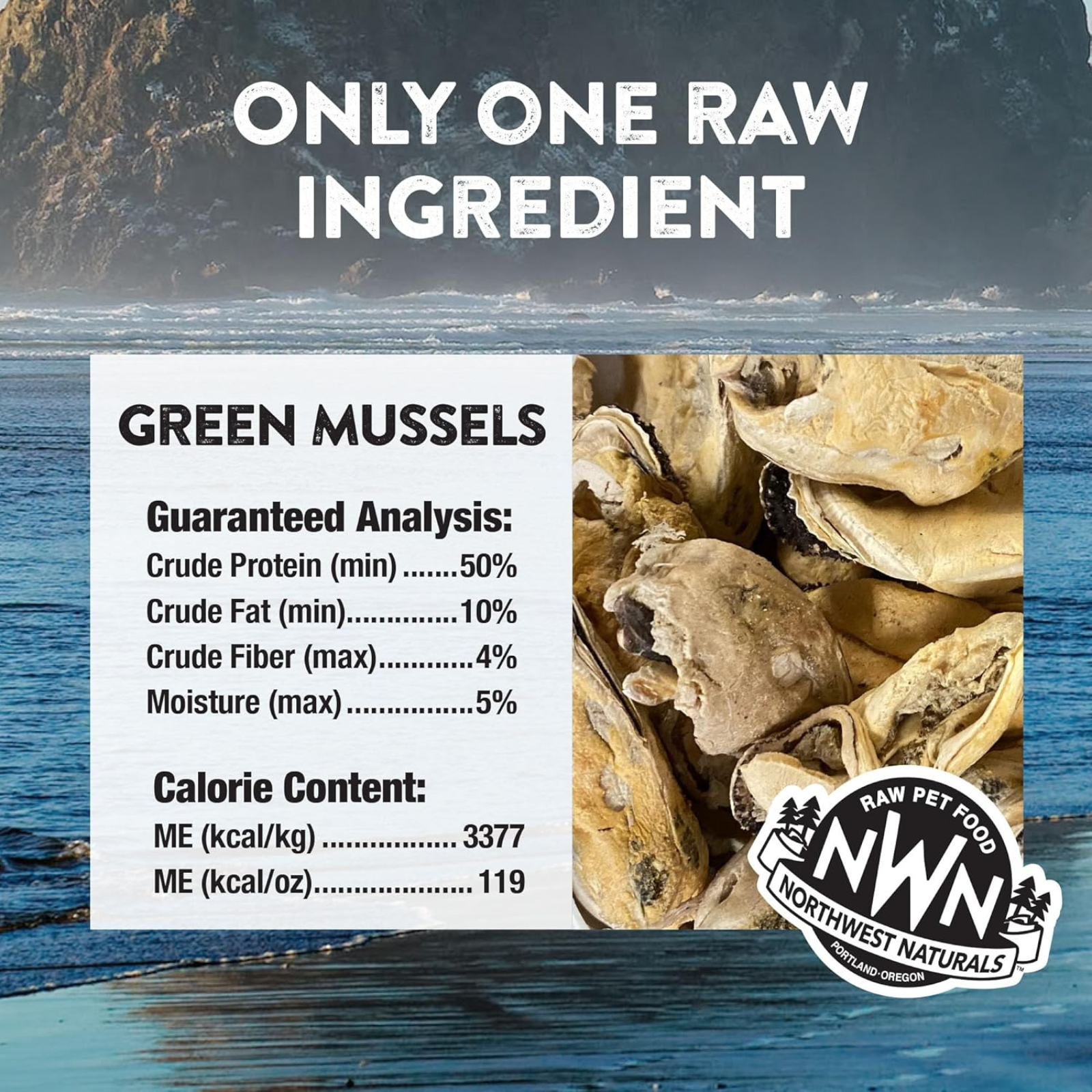 Advertisement for Northwest Naturals raw pet food with green mussels on a blue background