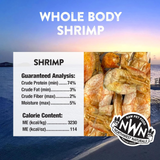 Shrimp packaging with nutritional information and Northwest Naturals logo against a beach background