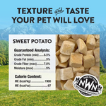Sweet potato chunks with nutritional information and Northwest Naturals logo on a scenic background