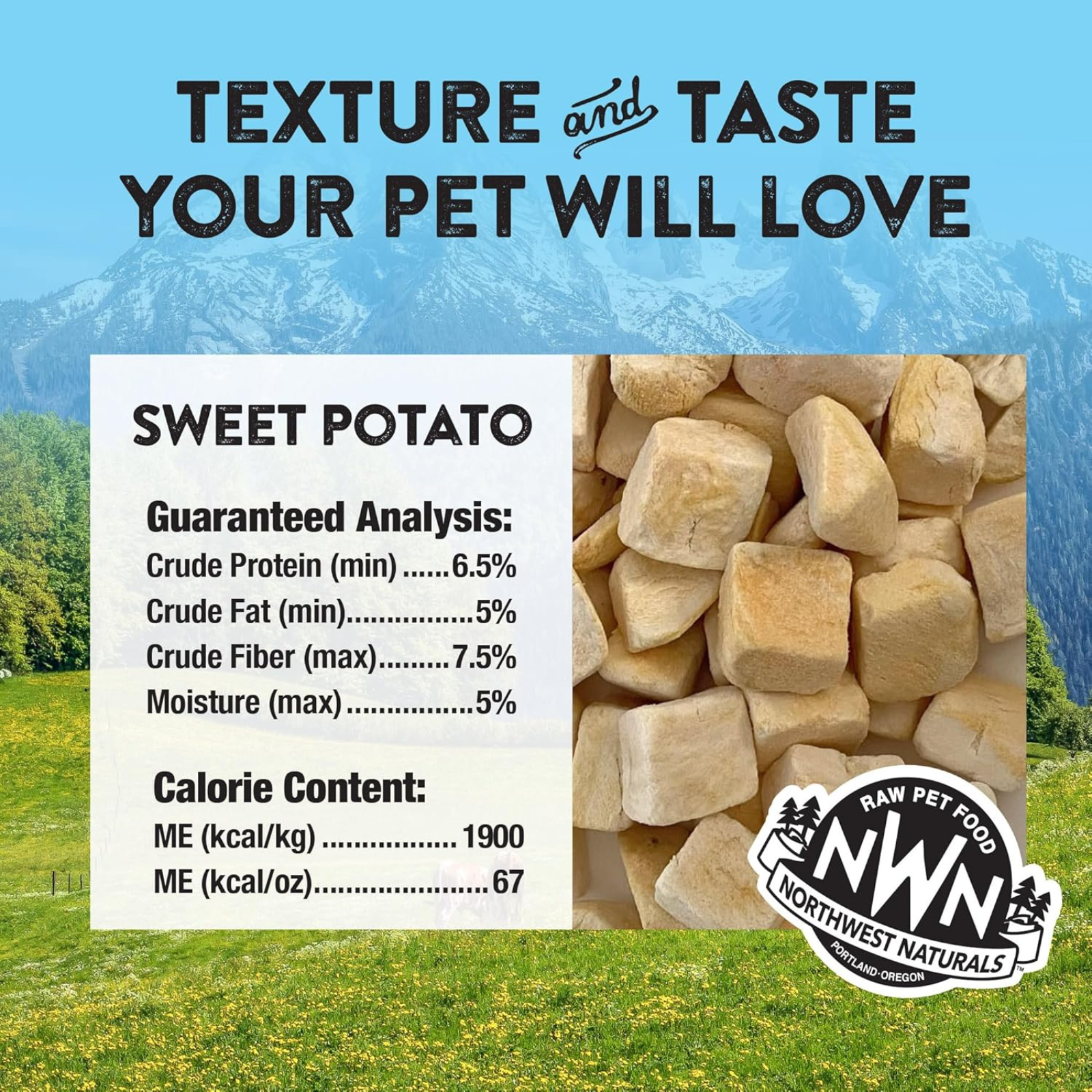 Sweet potato chunks with nutritional information and Northwest Naturals logo on a scenic background