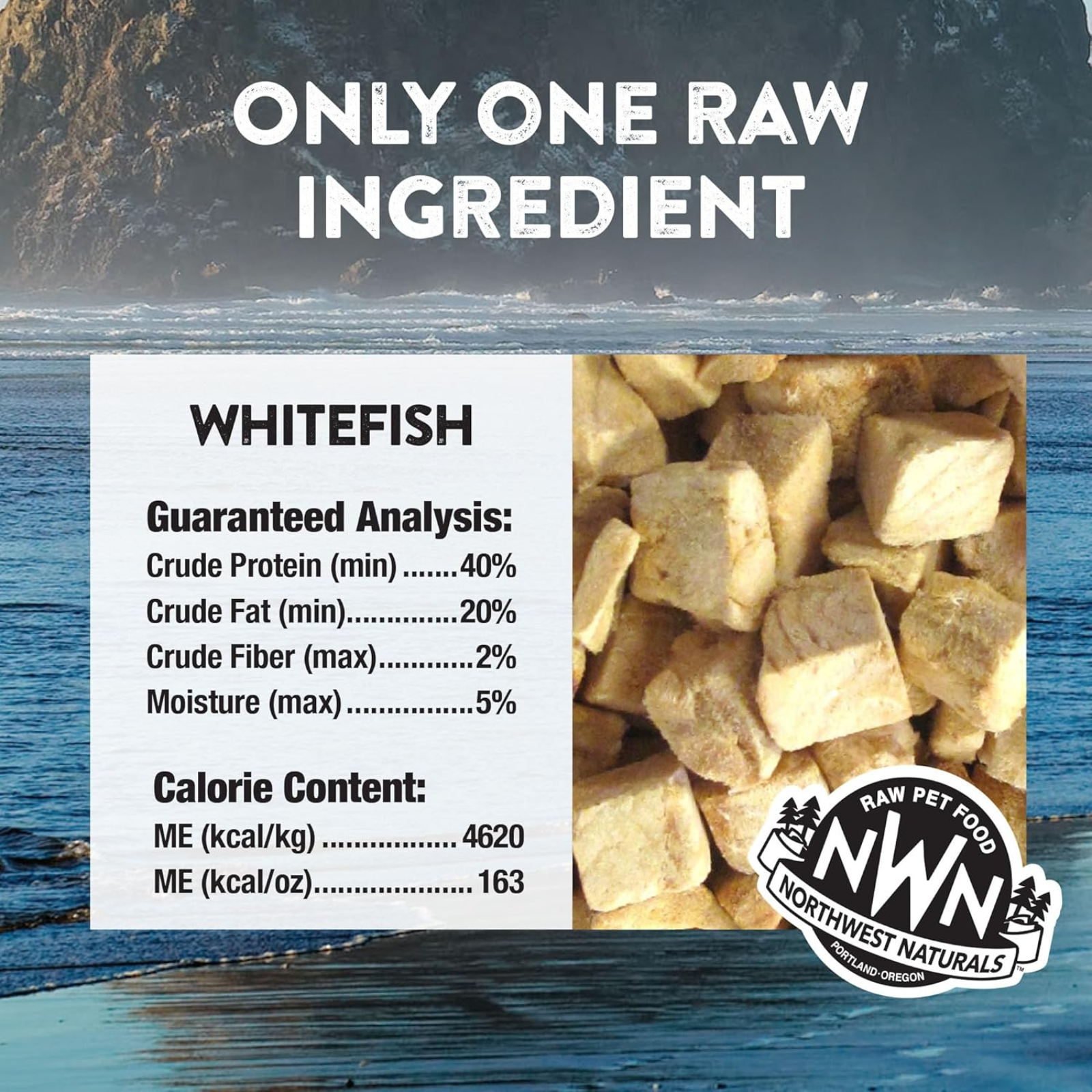 Raw pet food product label with whitefish chunks and Northwest Naturals branding.