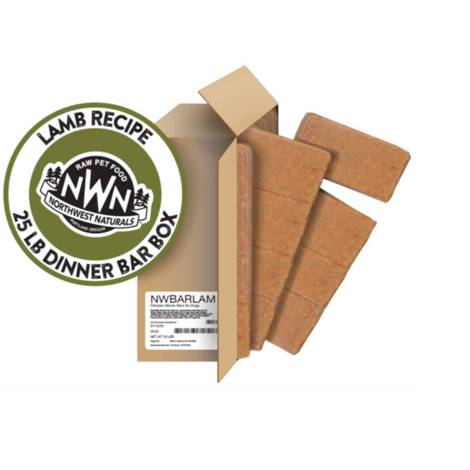 Northwest Naturals lamb recipe raw pet food bars with packaging on a white background
