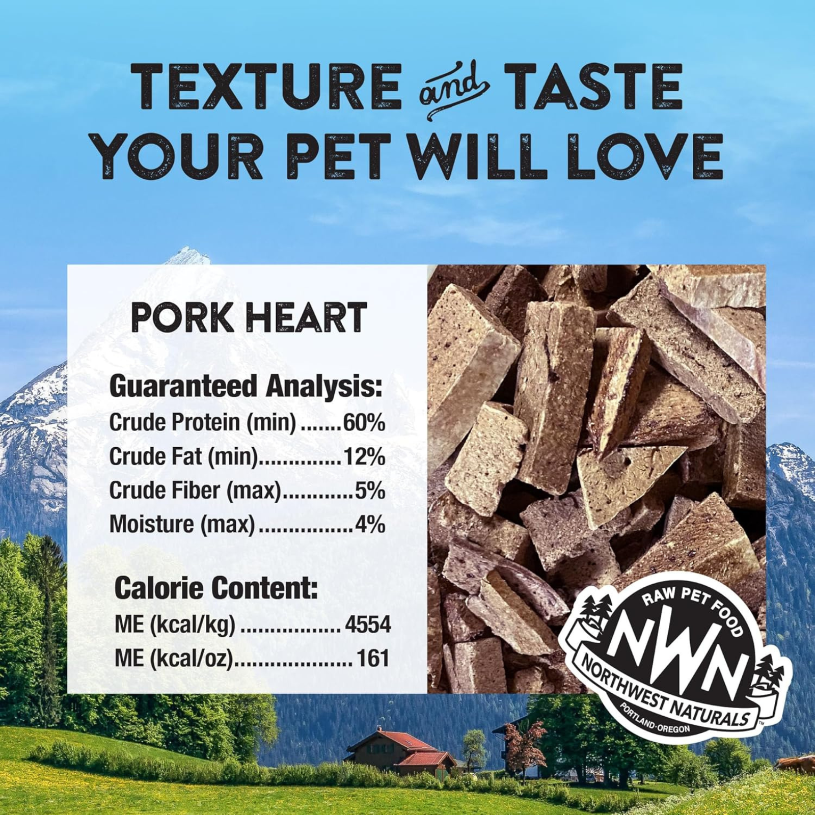 Advertisement for Northwest Naturals raw pet food with pork heart chunks and scenic background