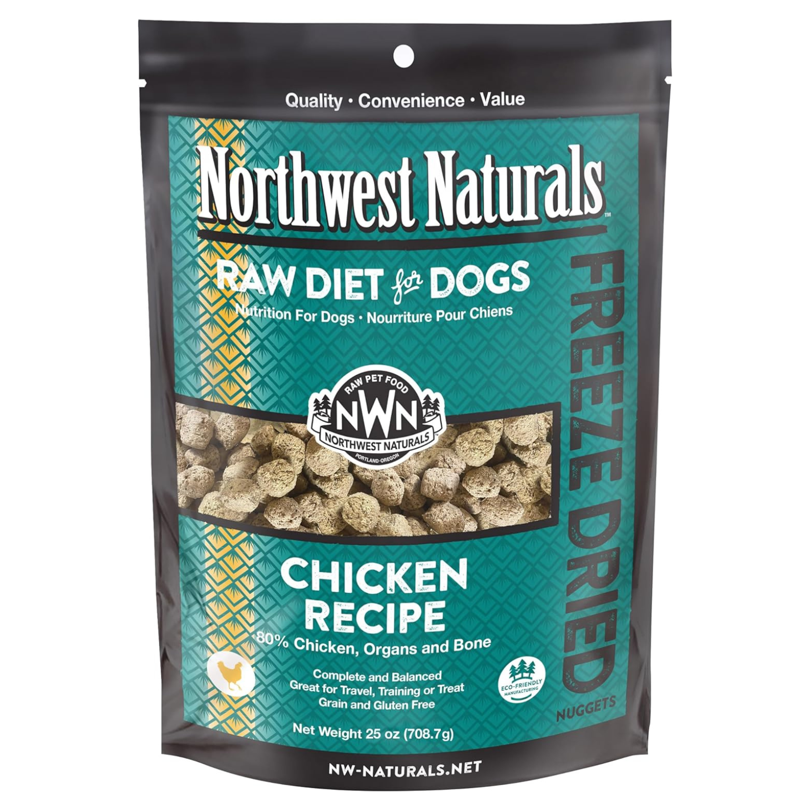 Package of Northwest Naturals raw diet for dogs with chicken recipe on a white background