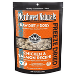 Northwest Naturals freeze-dried raw diet for dogs packaging with chicken and salmon recipe on an orange background.
