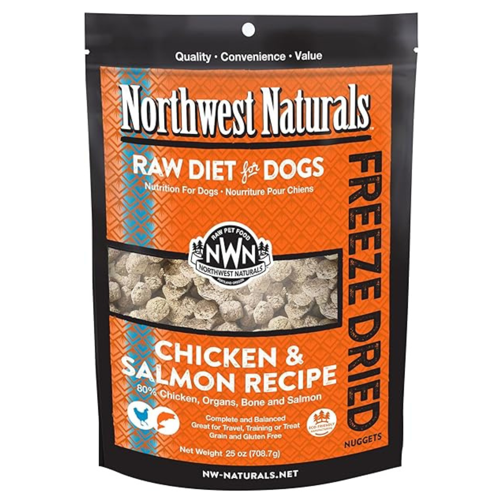Northwest Naturals freeze-dried raw diet for dogs packaging with chicken and salmon recipe on an orange background.