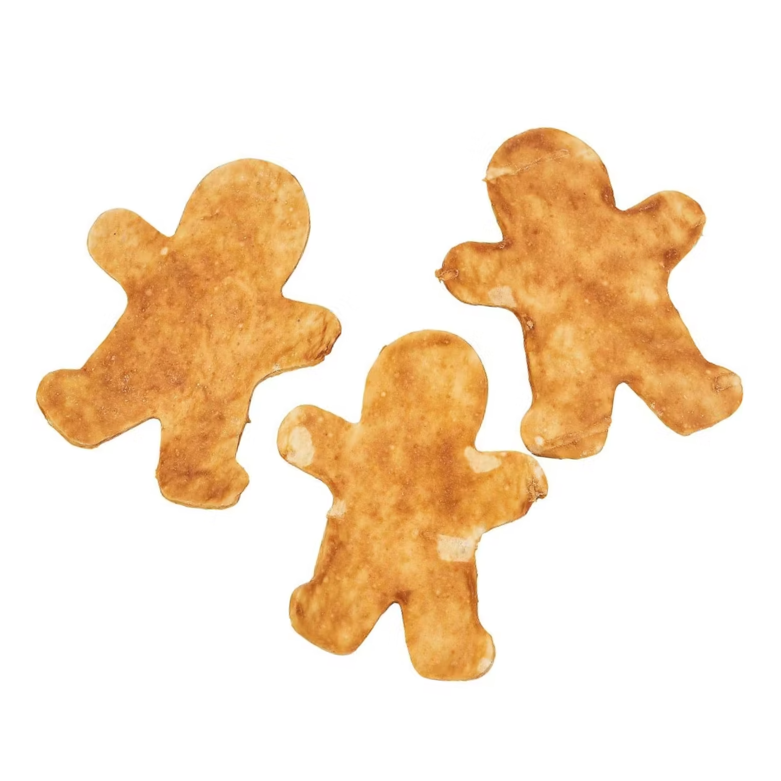 Three gingerbread man-shaped cookies arranged on a plain white background.