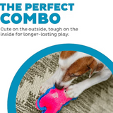 Dog playing with a pink and blue toy on a textured surface, with text about the product's durability.