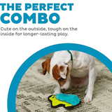 Dog playing with a toy, text about durability and playtime on a white background