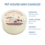 Pet House Candle labeled 'Breakfast in Bed' with product features on a white background