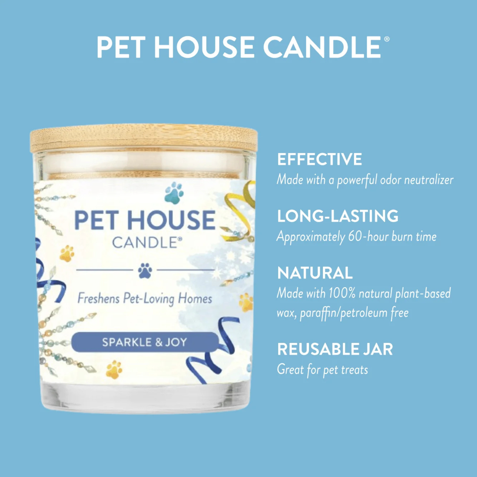 A Pet House Candle jar with a bamboo lid and white wax, shown on a light blue background with product text describing its scent as Sparkle & Joy and key selling points.