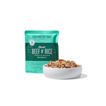 Portland Pet Food Rosies Beef 'N' Rice dog food package with a bowl of food on a white background