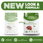 Two packages of NutriSource PureVita dog food with a green banner indicating 'New Look & Formula'.