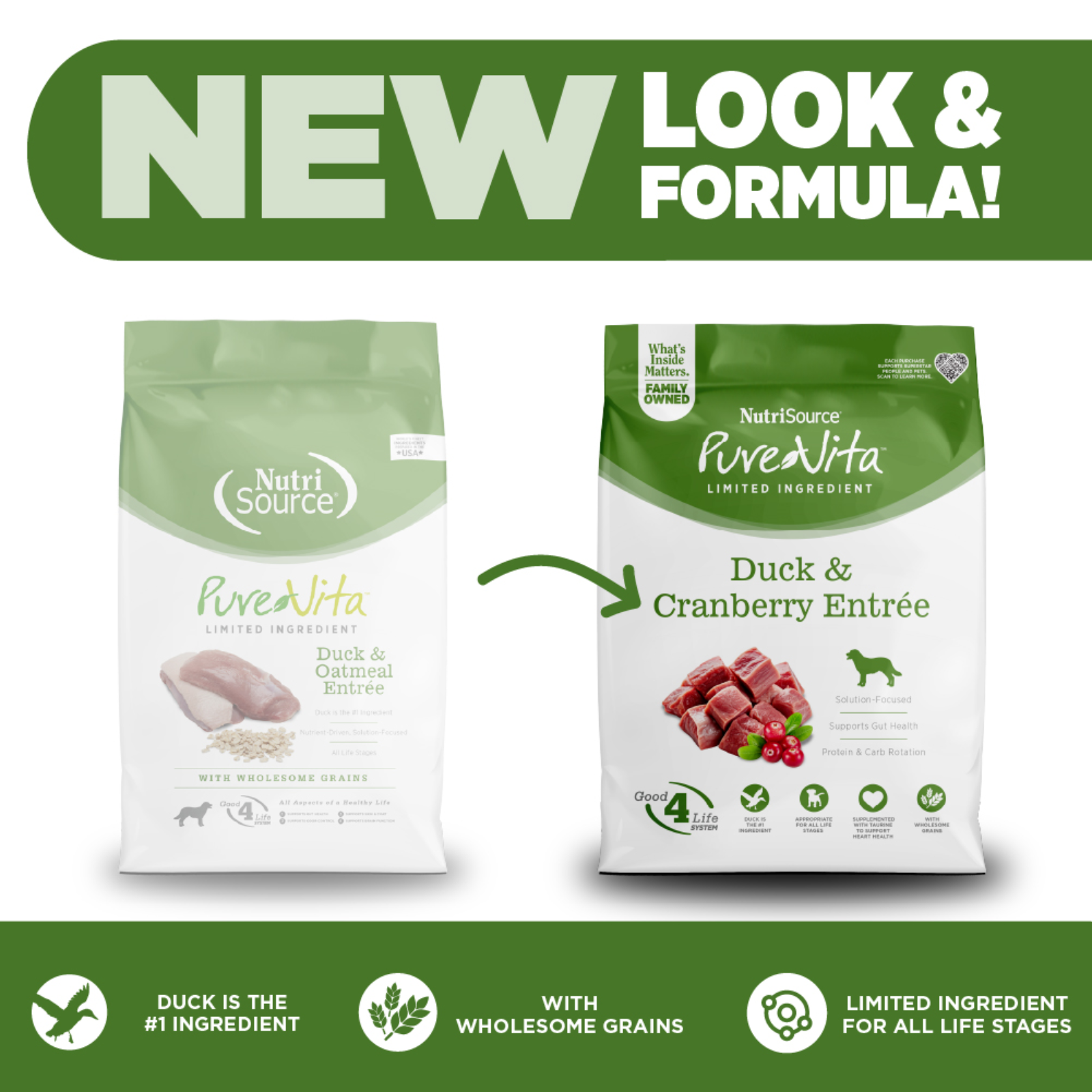 Two packages of NutriSource PureVita dog food with a green banner indicating 'New Look & Formula'.