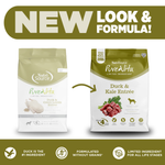 Two packages of NutriSource PureVita dog food with a green banner indicating 'New Look & Formula'.