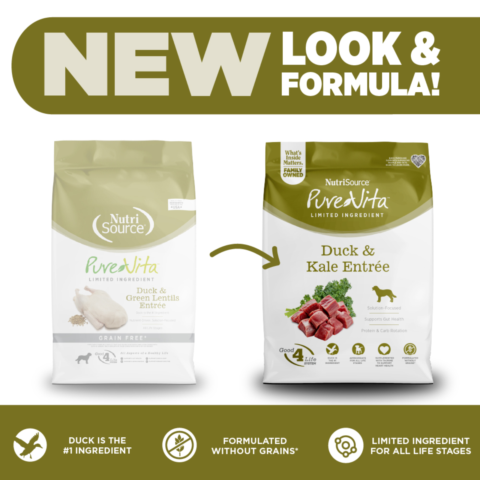 Two packages of NutriSource PureVita dog food with a green banner indicating 'New Look & Formula'.