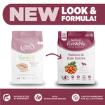 Two packages of NutriSource PureVita dog food with a 'New Look & Formula' banner above them.