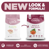 Two packages of NutriSource PureVita dog food with a 'New Look & Formula' banner above them.