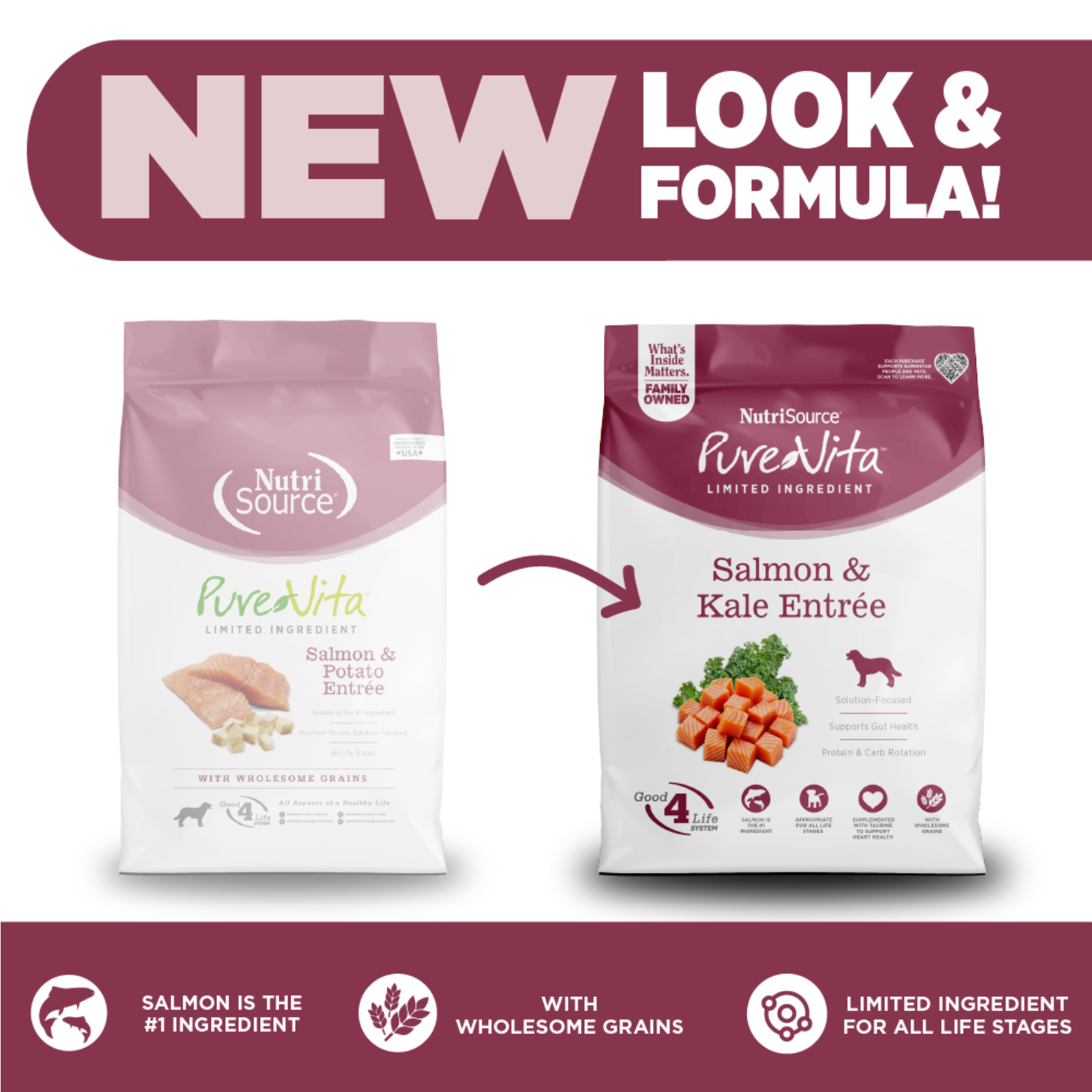 Two packages of NutriSource PureVita dog food with a 'New Look & Formula' banner above them.