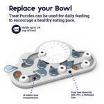 Pet treat puzzle with text explaining its use for daily feeding