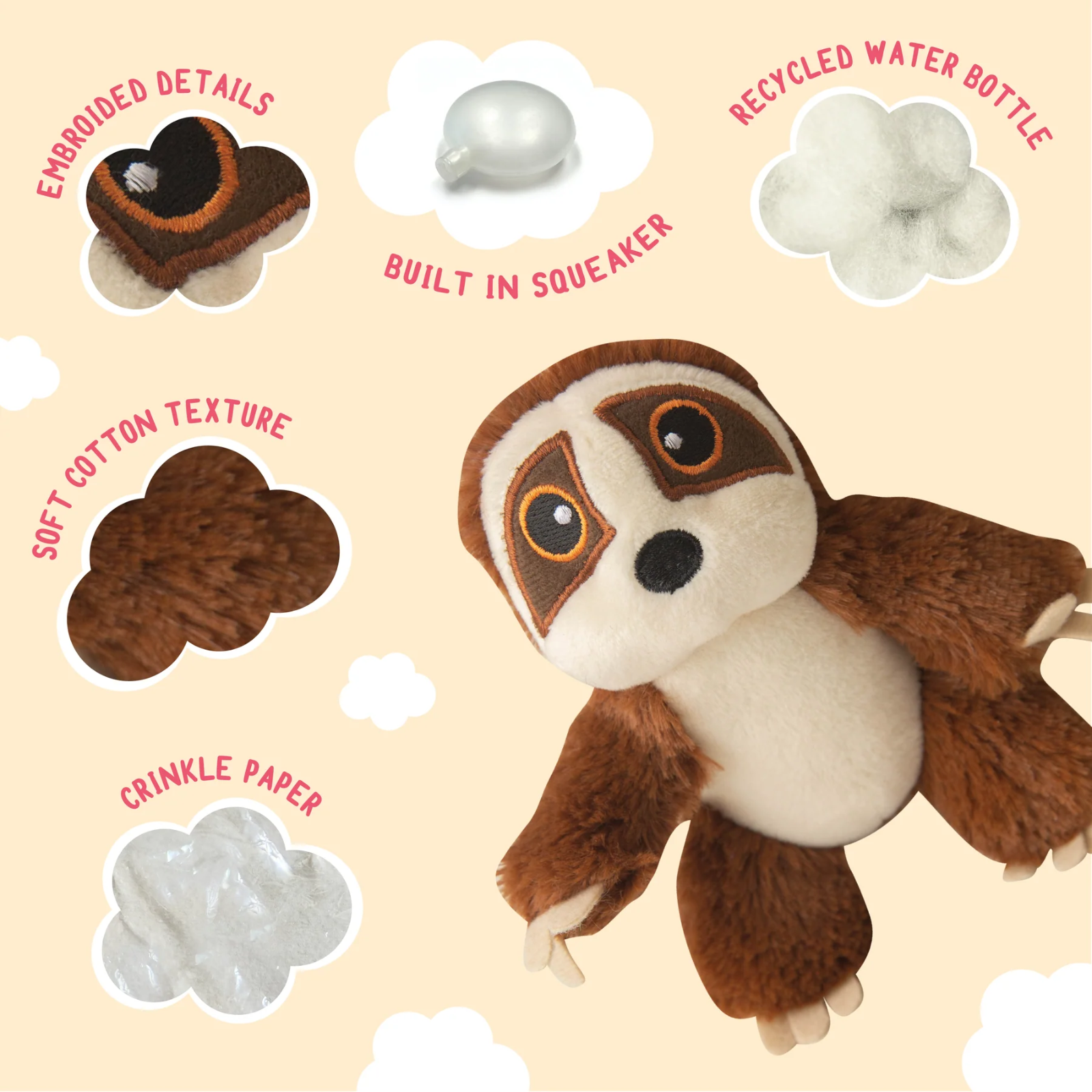 Plush owl toy with features listed on a beige background