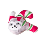 Plush toy sloth with candy cane hat on a white background