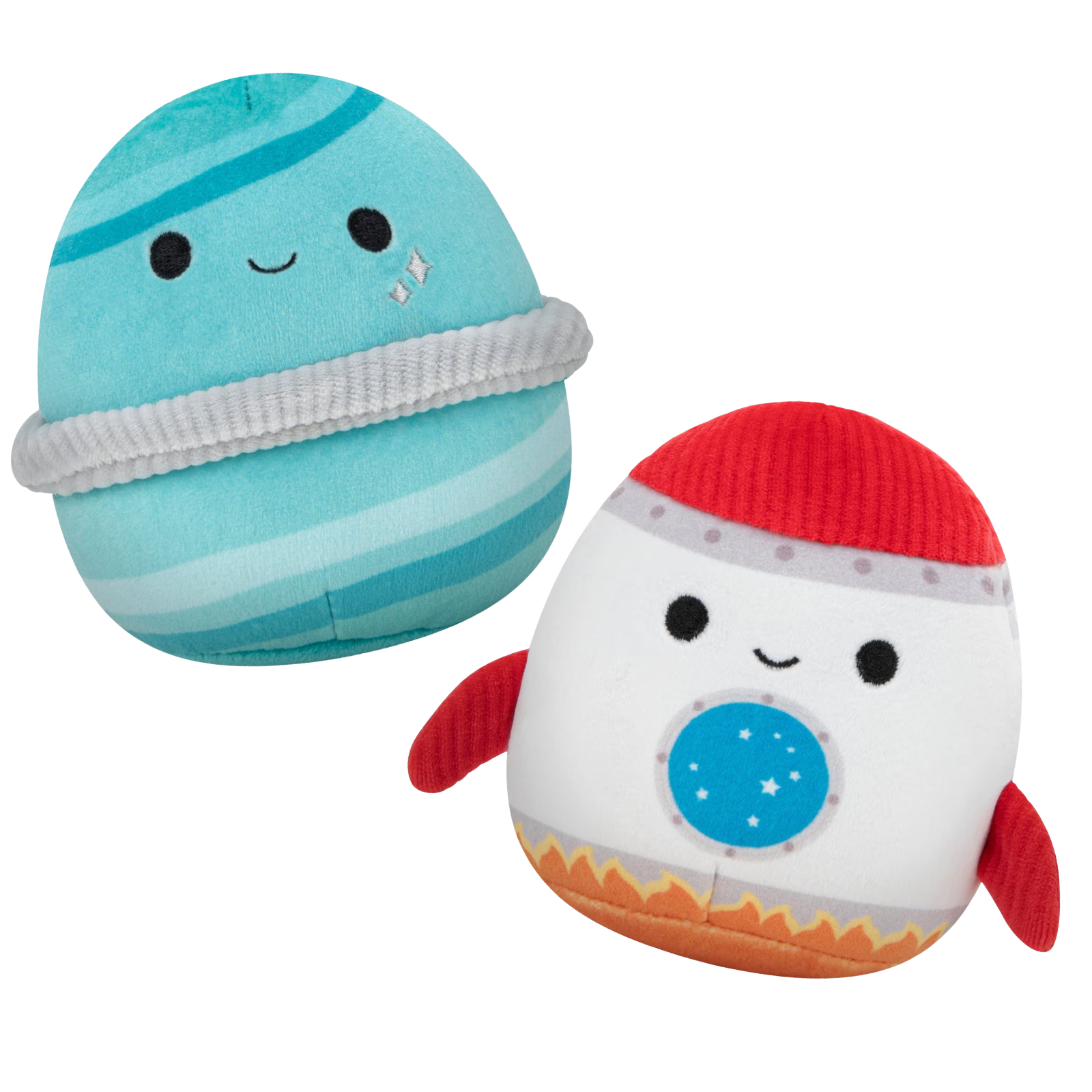Two plush toys resembling a planet and a rocket ship on a white background