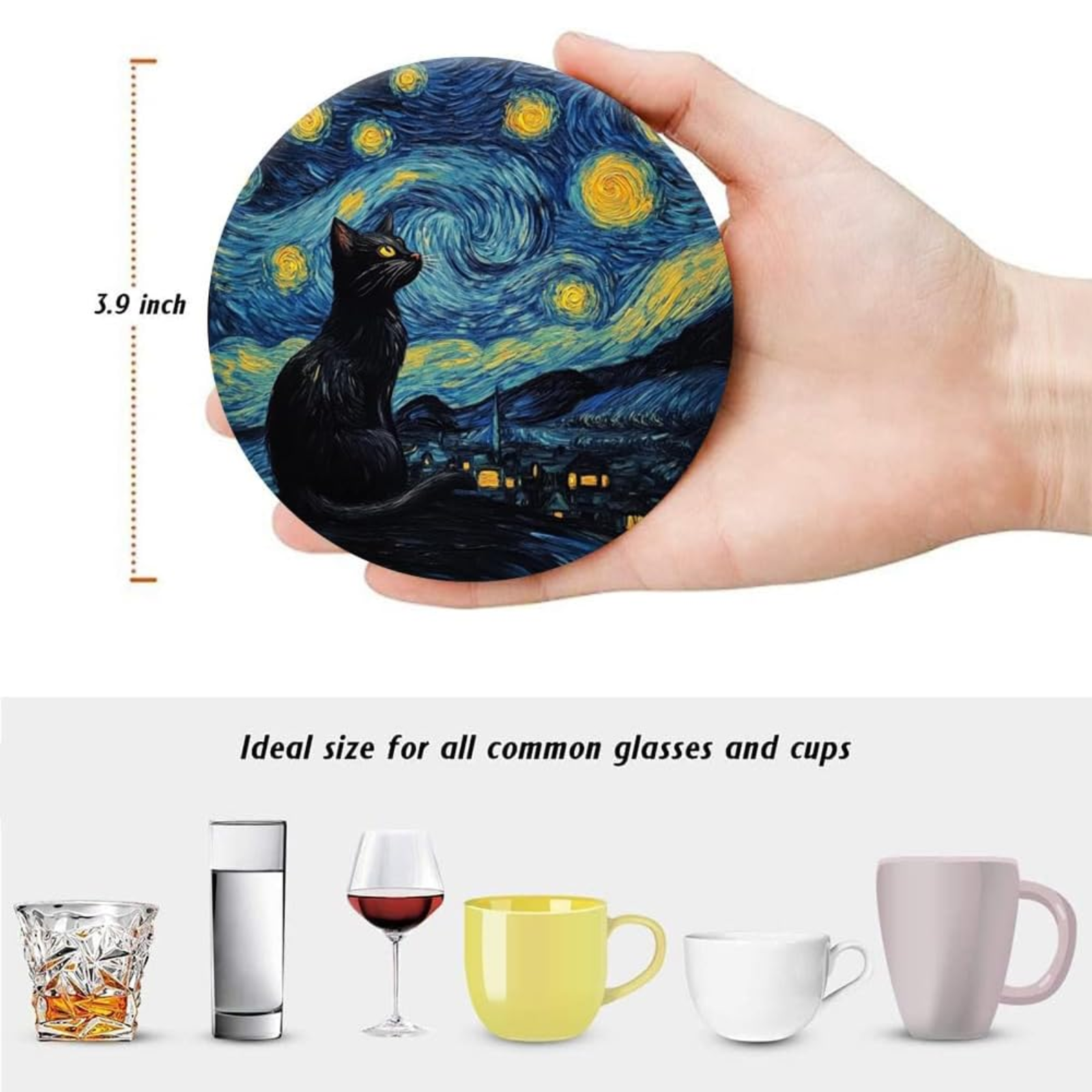 Round coaster with black cat design inspired by 'Starry Night' held in a hand, with size measurement and cup size comparison below.
