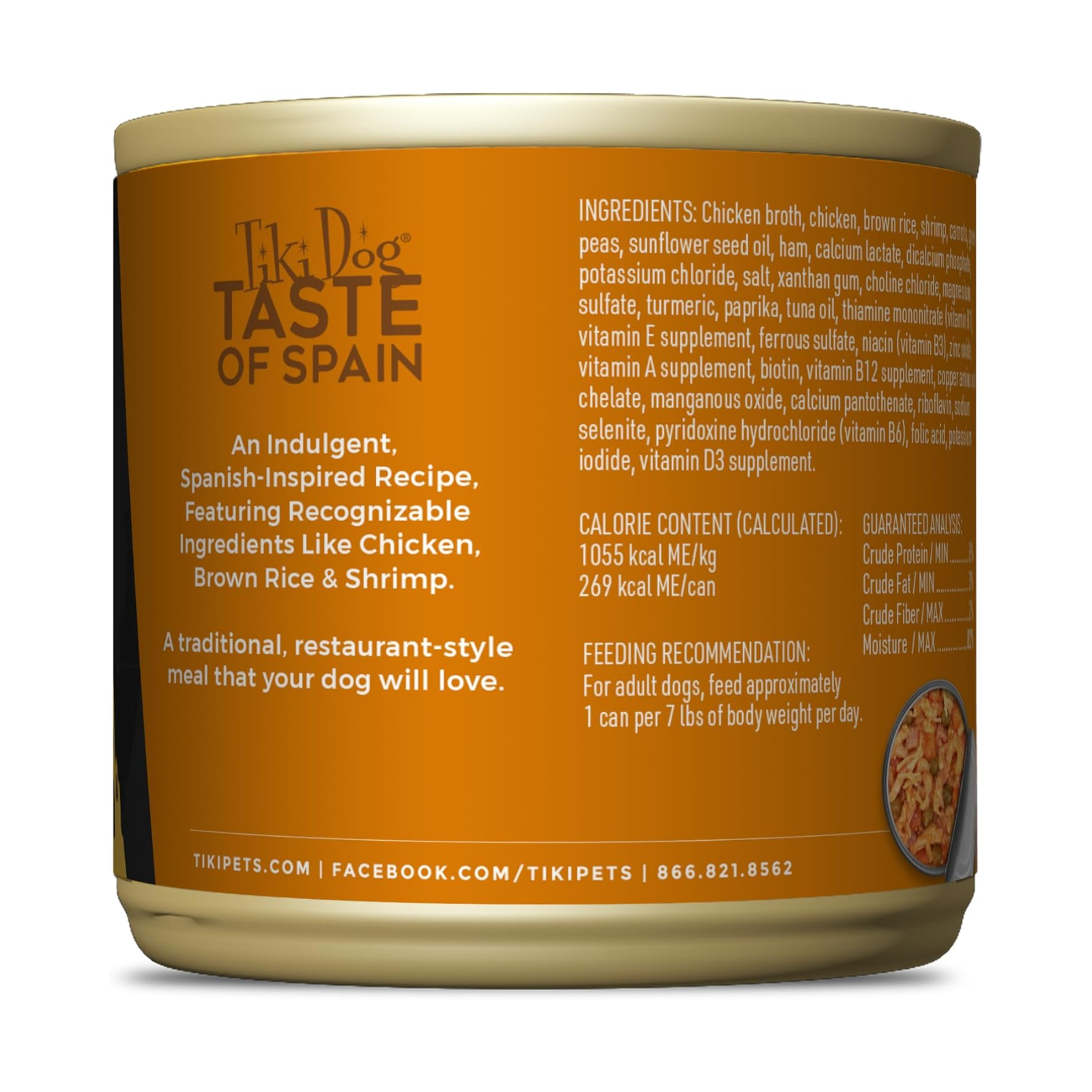 Back of a Tiki Pets can labeled 'Taste of Spain' with text and branding.