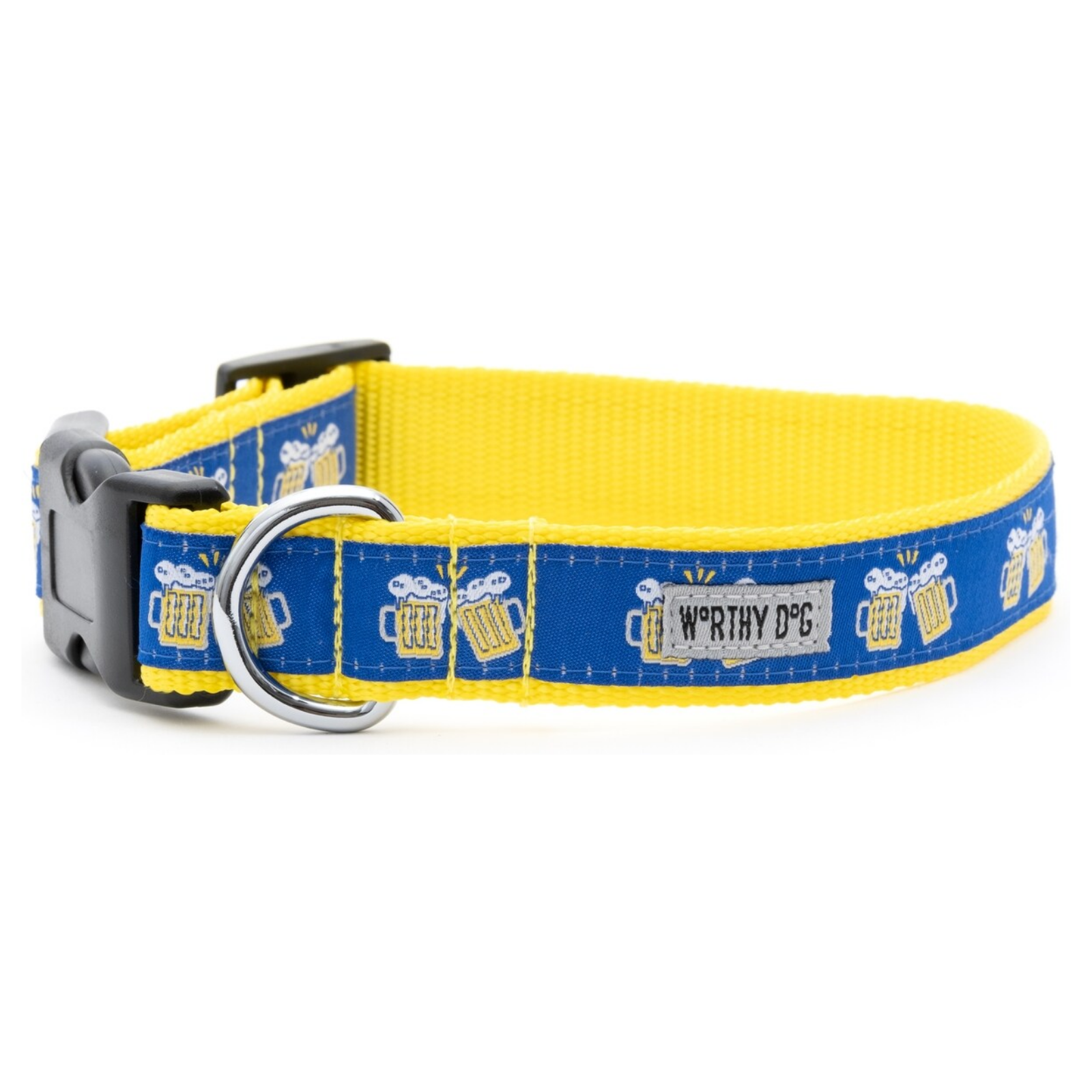 A blue and yellow dog collar with a repeating pattern of clinking beer mugs and bees, featuring a silver metal D-ring and black plastic buckle. A small white patch on the collar reads 'WORTHY DOG'.