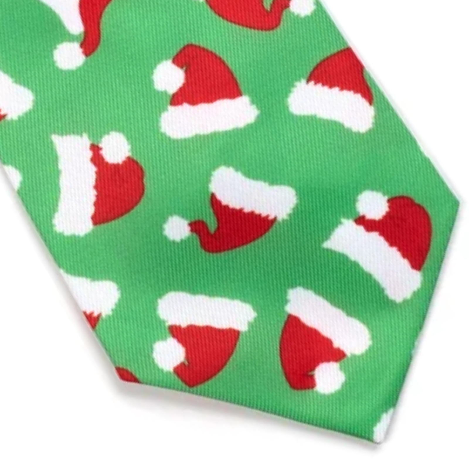 A close-up of a green necktie featuring a repeating pattern of red and white Santa hats, shown against a plain white background.