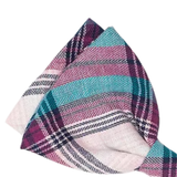 A folded plaid scarf or bandana featuring a herringbone pattern in pink, teal, white, and dark navy, set against a plain white background.
