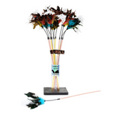 Colorful feathered cat toy with a stand on a white background